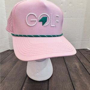 1764 Vented Pink & White Embroidered Golf Hat Adjustable Green Trim Flower Brim